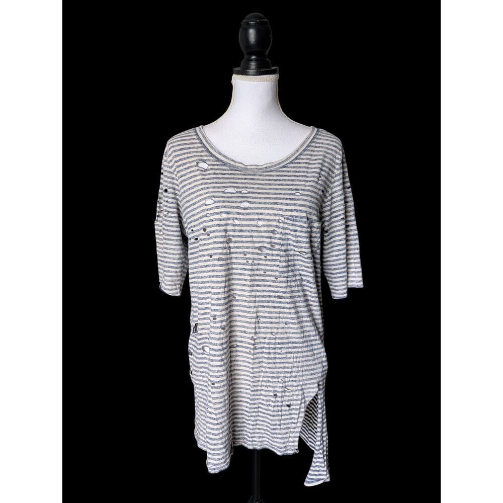 We the Free People Navy Blue Cream Striped Distressed Tunic T Shirt Size Large